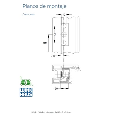 CREMONA CORREDERA GVMC.400-2D 7,5 4965361 WINKHAUS COTA VARIABLE AGUJA 7,5 PLANO MONTAJE