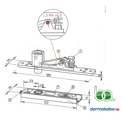 PERNO SUPERIOR REGULABLE CON RODAMIENTO BISAGRA PIVOTANTE DORMAKABA 8062