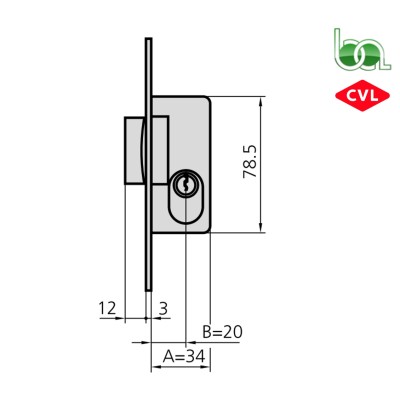 CERRADURA DE EMBUTIR PICAPORTE ACCIONADO POR POR LLAVE CON CILINDRO OVAL 1979/0 CVL PLANO MEDIDAS COTAS