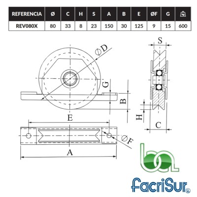 RUEDA POLEA DE ENCASTRAR PARA CANCELAS METÁLICAS CORREDERA, CON SOPORTE PARA ATORNILLAR PARA CANAL DE ÁNGULO "V" FACRISUR