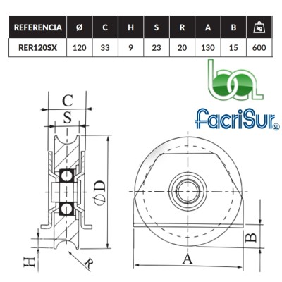 RUEDA POLEA CON SOPORTE DE SOLDADURA PARA CANCELAS METÁLICAS CORREDERA, PARA CANAL REDONDO DE 20MM FACRISUR RER120S