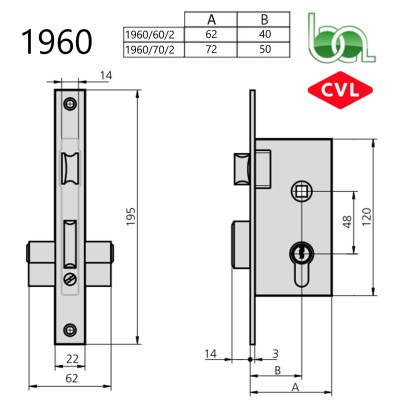 CERRADURA DE EMBUTIR PARA PUERTAS METÁLICAS PALANCA Y PICAPORTE 1960 CVL PLANO MEDIDAS COTAS