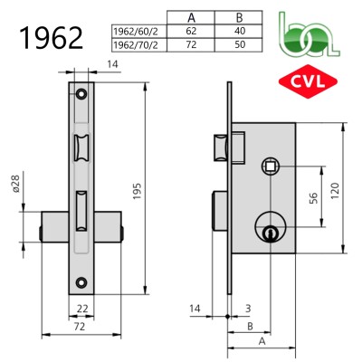 CERRADURA DE EMBUTIR PARA PUERTAS METÁLICAS PALANCA Y PICAPORTE CON CILINDRO REDONDO1962 CVL PLANO MEDIDAS COTAS