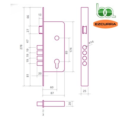 CERRADURA SEGURIDAD DE EMBUTIR 4 TETONES Y PICAPORTE CROMO 700B EZCURRA PLANO MEDIDA COTAS