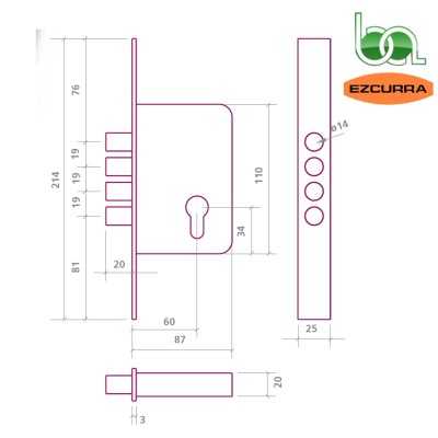 CERRADURA SEGURIDAD DE EMBUTIR 4 TETONES CROMO 701B EZCURRA PLANO MEDIDAS COTAS