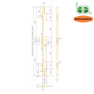 CERRADURA MULTIPUNTO SEGURIDAD DE EMBUTIR 4 TETONES Y PICAPORTE CROMADA E2003B PLETINA EZCURRA