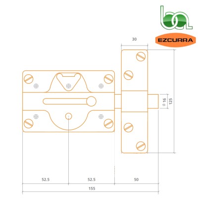 CERROJO SEGURIDAD DE SOBREPONER CON CILINDRO EXTERIOR REDONDO Y PALANCA INTERIOR EZCURRA 500 PLANO MEDIDAS COTAS