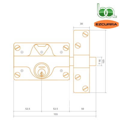 CERROJO SEGURIDAD DE SOBREPONER CON CILINDRO EXTERIOR REDONDO Y PALANCA Y LLAVE INTERIOR EZCURRA 550 PLANO MEDIDAS COTAS