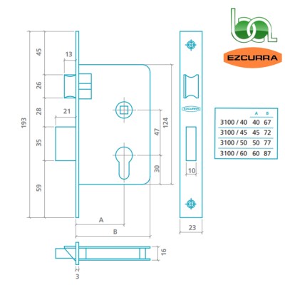 CERRADURA EMBUTIR PALANCA Y PICAPORTE PINTADA ESMALTADA 3100 EZCURRA