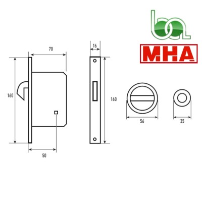 KIT CON CERRADURA DE EMBUTIR GANCHO PARA PUERTAS CORREDERAS ENTRADA DE 50 MOD.235-50 MM. ACERO INOX 18/8 MHA PLANO MEDIDAS COTAS