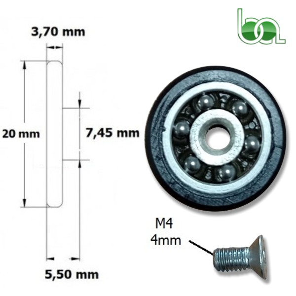 RODAMIENTO PARA MAMAPARA DE DUCHA Ø 20 MM CONVEXA CON RODAMIENTO FRONTAL Y TORNILLO M-4 POLIAMIDA NEGRO 5,5 M001
