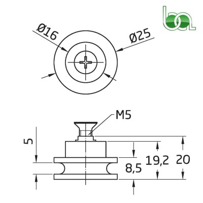 RODAMIENTO PARA MAMAPARA DE DUCHA SEMICIRCULAR Ø 25x18 MM CON TORNILLO M-5X8 NYLON BLANCO M0008 PLANO MEDIDAS COTAS