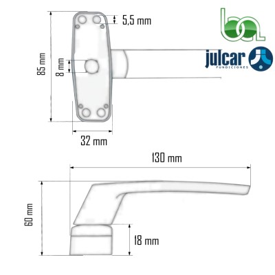 MANILLA CIERRE PRESIÓN DE BLOQUE REVERSIBLE PARA PUERTAS Y VENTANAS DE ALUMINIO CERRATO JULCAR PLANO MEDIDAS COTAS