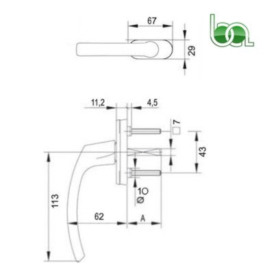 MANILLA NEPTUNO HF T35 ORO BRILLANTE PARA VENTANA PVC OSCILOBATIENTE 5058710 PLANO MEDIDAS COTAS