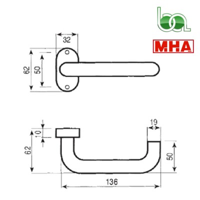 JUEGO DE MANILLA ANTIENGANCHE CON ESCUDO OVALADO CON MUELLE RECUPERABLE INOX PARA PUERTAS MOD.807U MHA PLANO MEDIDAS COTAS