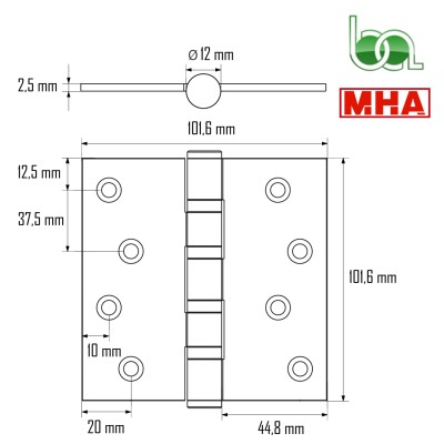 BISAGRA SILENCIOSA PARA PUERTAS EN ACERO INOXIDABLE CON EJE DESMONTABLE PARA USO INTENSIVO 480 MHA PLANO MEDIDAS COTAS