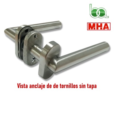 JUEGO DE MANILLA RECTA CON ESCUDO ROSETA OVALADA CON MUELLE RECUPERABLE INOX PARA PUERTAS MOD.894 MHA