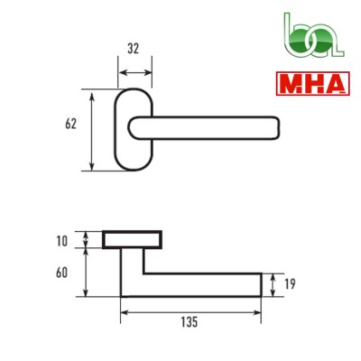 JUEGO DE MANILLA RECTA CON ESCUDO ROSETA OVALADA CON MUELLE RECUPERABLE INOX PARA PUERTAS MOD.894 MHA PLANO MEDIDAS COTAS