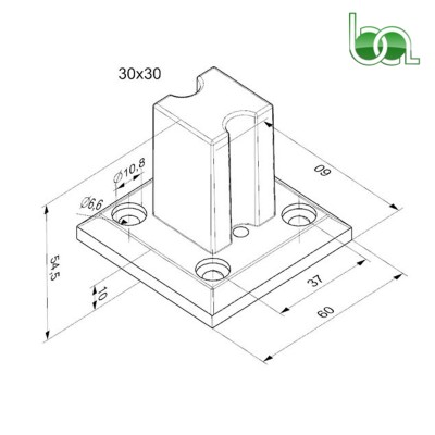 SOPORTE BASE ZAMAK PARA TUBO 30X30 DE ALUMINIO PIE BARANDILLA CON TALADRO PARA TORNILLO PLANO MEDIDAS COTAS