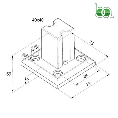 SOPORTE BASE ZAMAK PARA TUBO 40X40 DE ALUMINIO PIE BARANDILLA CON TALADRO PARA TORNILLO PLANO MEDIDAS