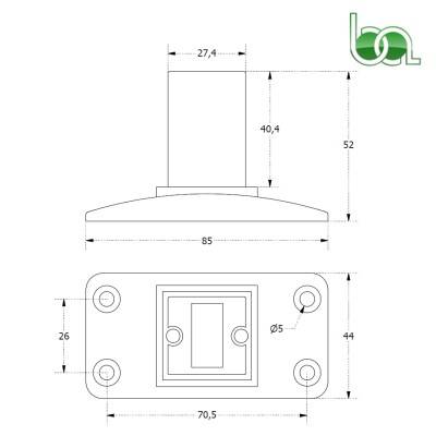 SOPORTE BASE ZAMAK PARA TUBO 30X30 EN BLANCO DE ALUMINIO PIE BARANDILLA CON TALADRO PARA TORNILLO PLANO MEDIDAS COTAS