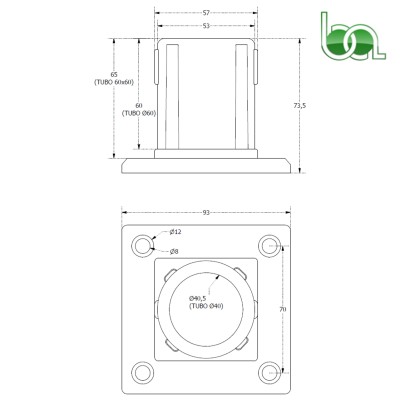 MULTI SOPORTE BASE DE ALUMINIO PARA TUBO 60X60 Ø40 Ø60 LACADO PIE BARANDILLA CON TALADRO PARA TORNILLOS PLANO MEDIDAS COTAS