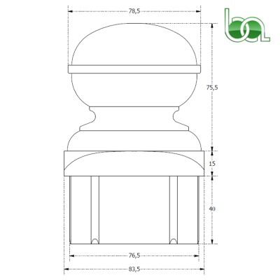 REMATE BOLA DE ALUMINIO LACADO PARA TUBO 80X80 RB8080 ALUMABE PLANO MEDIDAS COTAS