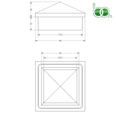 REMATE TAPA PIRAMIDE DE ALUMINIO LACADO PARA TUBO 80X80 PIR8080 ALUMABE PLANO MEDIDAS COTAS