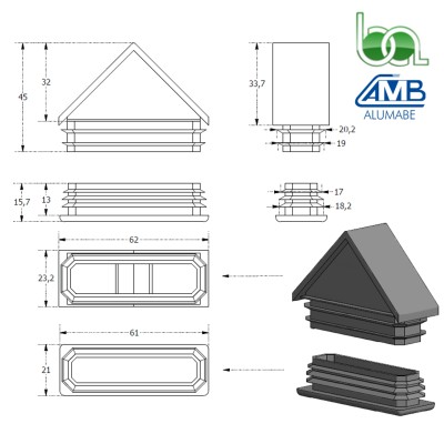 JUEGO TAPA REMATE DE PVC PUNTA FLECHA TOPE PARA TUBO 60X20MM PARA VERJAS EN CORTE RECTO O CORTE INGLETE TPJF62 ALUMABE