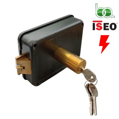 CERRADURA DE SOBREPONER ELÉCTRICA 12V SÓLO RESVALÓN CON BOTÓN Y CILINDRO REDONDO REVERSIBLE 510600 - 510700 ISEO