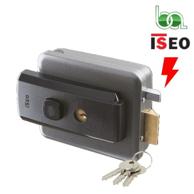 CERRADURA DE SOBREPONER ELÉCTRICA 12V SÓLO RESVALÓN CON BOTÓN Y LLAVE CILINDRO REGULABLE REDONDO APERTURA EXTERIOR 52N015 ISEO
