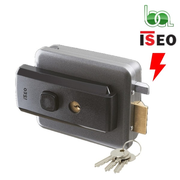 CERRADURA DE SOBREPONER ELÉCTRICA 12V SÓLO RESVALÓN CON BOTÓN Y LLAVE CILINDRO REGULABLE REDONDO APERTURA EXTERIOR 52N015 ISEO