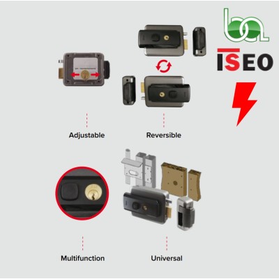 CERRADURA DE SOBREPONER ELÉCTRICA 12V RESVALÓN Y BLOQUE CON BOTÓN Y LLAVE CILINDRO REGULABLE REDONDO AP.EXTERIOR 53N0151/2 ISEO