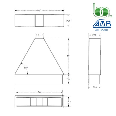 TAPA REMATE DE PVC PUNTA FLECHA TOPE PARA TUBO 80X20MM PARA VERJAS EN CORTE RECTO TPF82 ALUMABE PLANO MEDIDAS COTAS